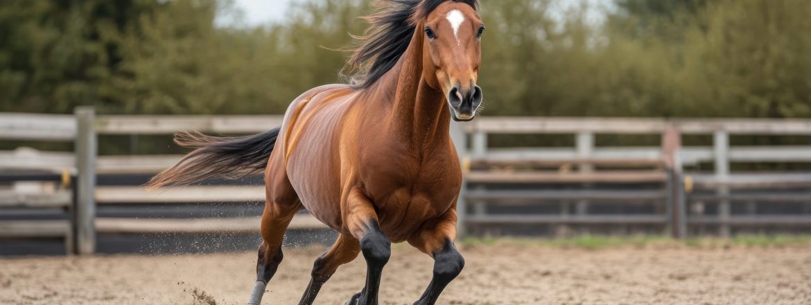 brown horse galloping in arena
