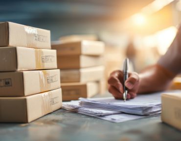side view of a customs agent stamping export documents foreground in clear detail while stacks of boxes fade softly in the background.