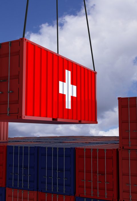 a freight container with the swiss flag hangs in front of many blue and red stacked freight containers concept trade import and export 3d illustration